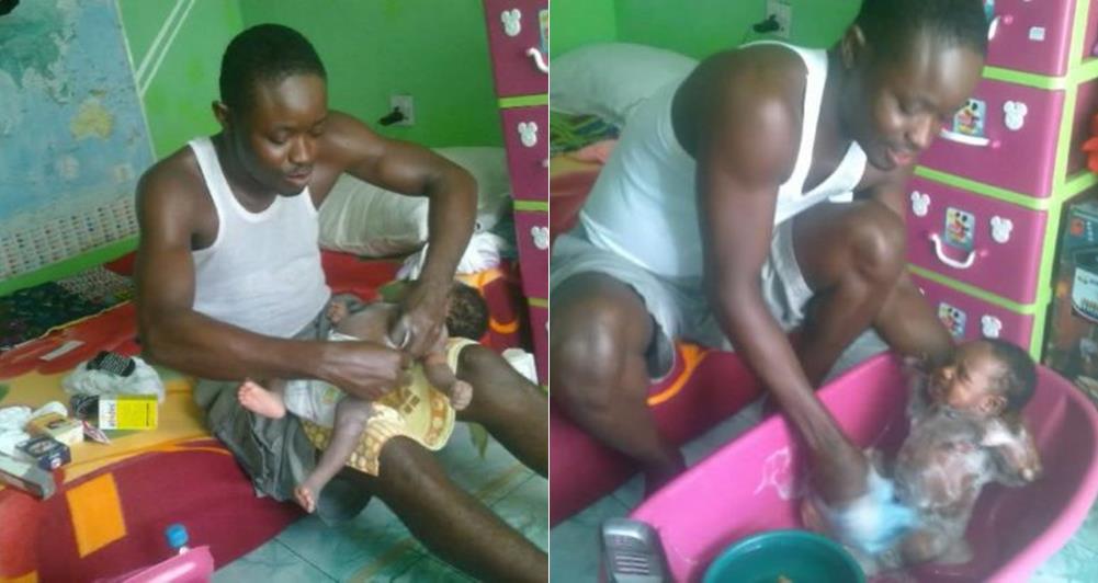 Nigerian man bathing his newborn baby advocates for paternity leave (Photos)
