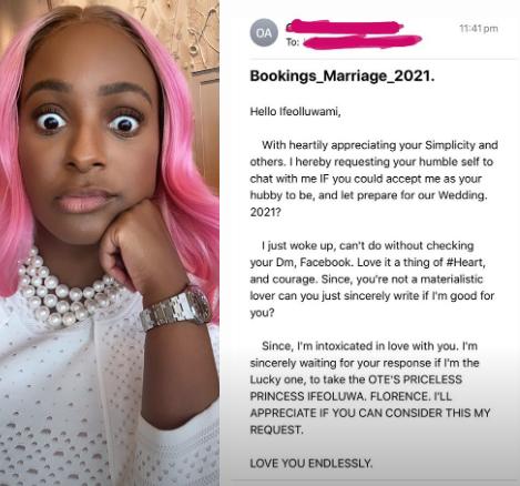 "Lets prepare for our wedding 2021?" DJ Cuppy receives a marriage proposal from a suitor who is "intoxicated in love"