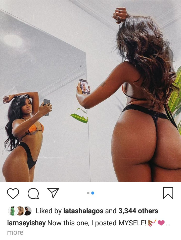 Seyi Shay shows off her pert derriere as she dons skimpy swimwear